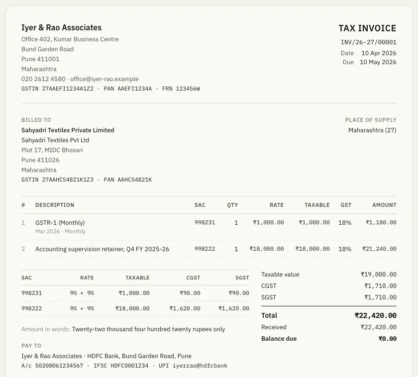 A tax invoice with SAC codes, CGST and SGST split at 9% each, the total, the payment received and the firm's bank details