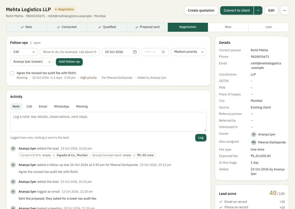 A lead in negotiation with its pipeline stages, an open follow-up, the activity history and lead details